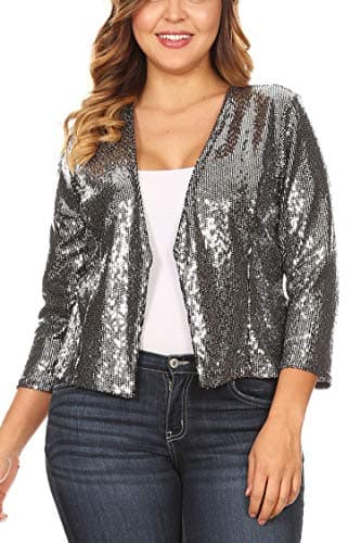 Women's Junior Plus Size Open Front Metallic Sequin Blazer Jacket Cardigan