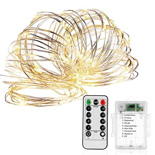 LED String Lights Battery Powered with Remote Control, 50 LED Waterproof Dimmable Fairy Light for Christmas Festival Wedding Bedroom Garden Party Decor(Silver Wire Warm White), 16.4ft