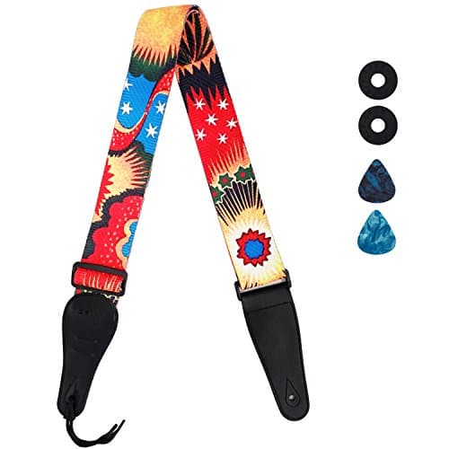 Guitar Strap with Leather End, Include 2 Strap Locks &amp; 2 Picks. Length Adjustable, Suitable for Electric Guitar, Acoustic Guitar and Bass - Unique Gift For Guitarist (Red)