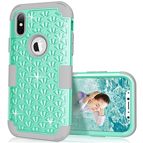 iPhone X Case, VPR iPhone X Bling Case [Hard PC+ Soft Silicone] Heavy Duty 3 in 1 Diamond Studded Hybrid Shockproof Case Full-Body Protective Defender Cover for Apple iPhone X (2017) (Mint+Grey)
