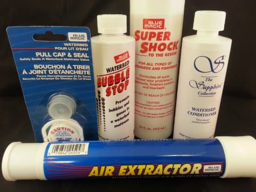 Waterbed Accessories Bundle includes Bubble Stop Aqua Shock Water Conditioner Pull Cap and Seal Air Extractor