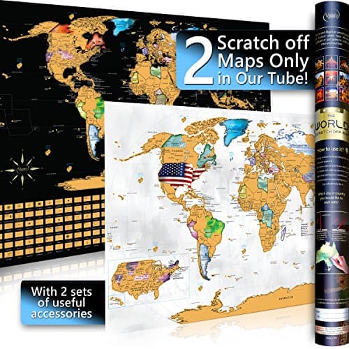 Scratch off World Travel Map Poster Set with Essentials Tools - 2 Maps in 1 Tube - 1 Glossy White &amp; 1 Black Matte - Outlined US States - Size 33х23in - Laminated Art Paper - Neat &amp; Appealing