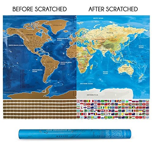 Scratch Off World Map Poster with Countries Flags / Track Your Trips / Share Your Adventures / Great for Globetrotters / Perfect size / Precise Scratch Pen is Bonus