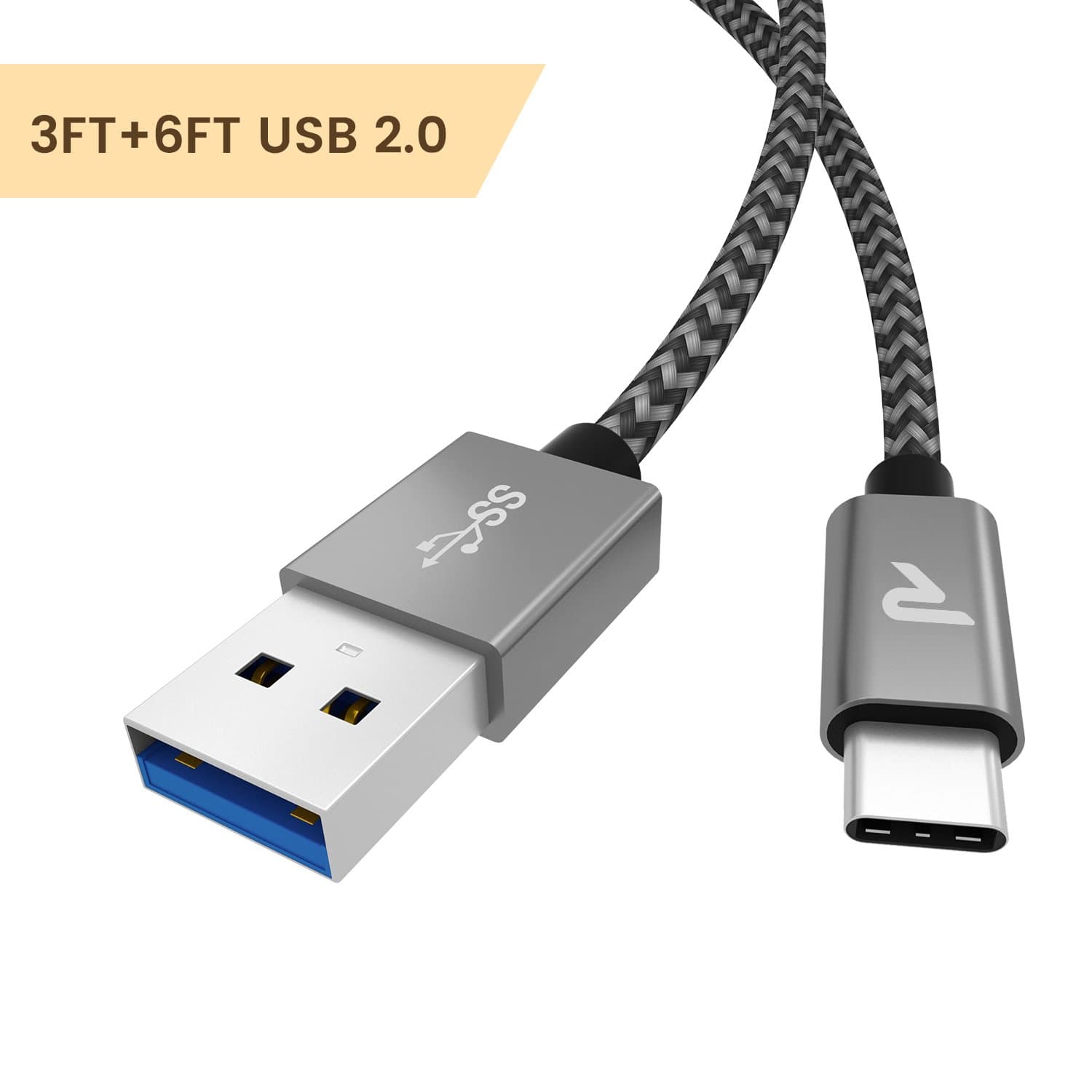 USB-C Cable USB 2.0 Nylon Braided Type-C Charger for Galaxy S8, LG G5, Google Pixel, Nexus 6P - 3ft+6ft Silver