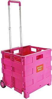 Foldable Plastic Book Trolley Cart | Lightweight Teacher's Book Cart | 2 Wheeled Book Trolley On Wheels Folding Storage Box with Aluminium Handle | Shopping Trolley On Wheels (25KG, Pink)