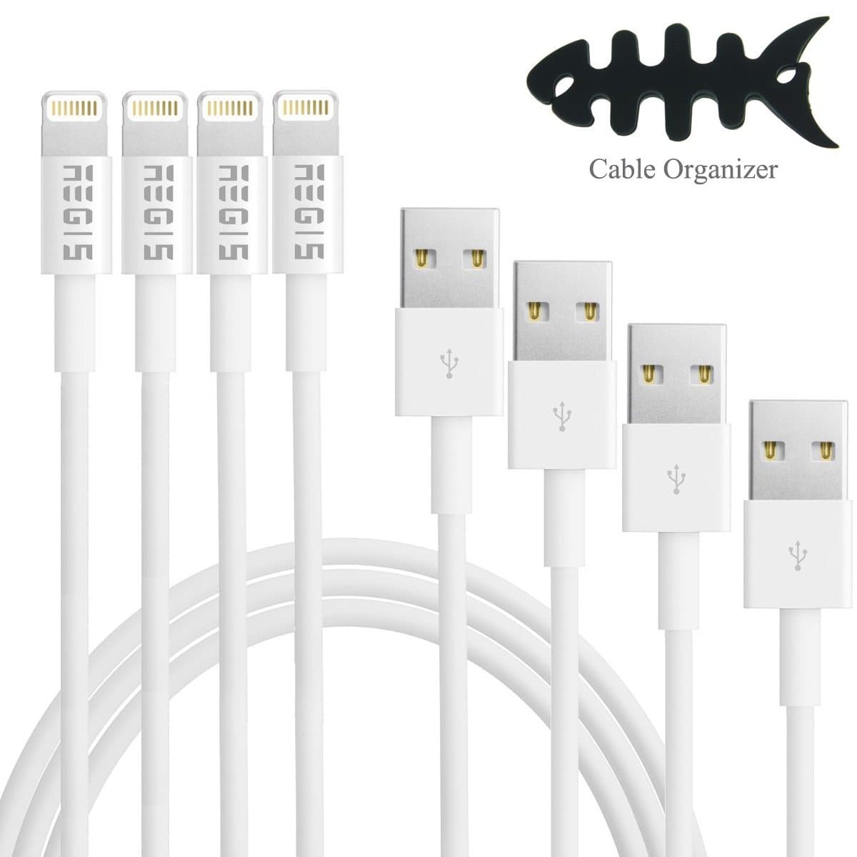 Aegis Maximum(TM) 4 Piece - 3ft USB Sync Data Charging Cable Cord Wire White Suitable for Iphone 6 Iphone 6 Plus Iphone 5s 5c 5 Ipad 4 Mini Air Ipod Touch 5 Ipod Nano 7 with Bonus Cable Holder