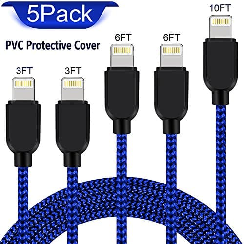 Lightning Cable, 5 Pack[3FT 3FT 6FT 6FT 10FT] iPhone Charger Nylon Braided USB Cable for iPhone X/8/8 Plus/7/7 Plus/6/6 Plus/5s, iPad Pro Air 2 and More-Black&amp;Blue