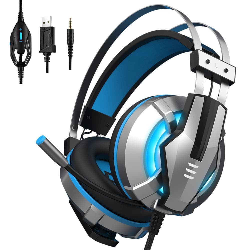 EKSA Stereo Gaming Headset for PS4, PC, Xbox One Controller, Noise Cancelling Over Ear Headphones with Mic, LED Light, Soft Memory Earmuffs for Laptop Mac Nintendo Switch Games,Blue