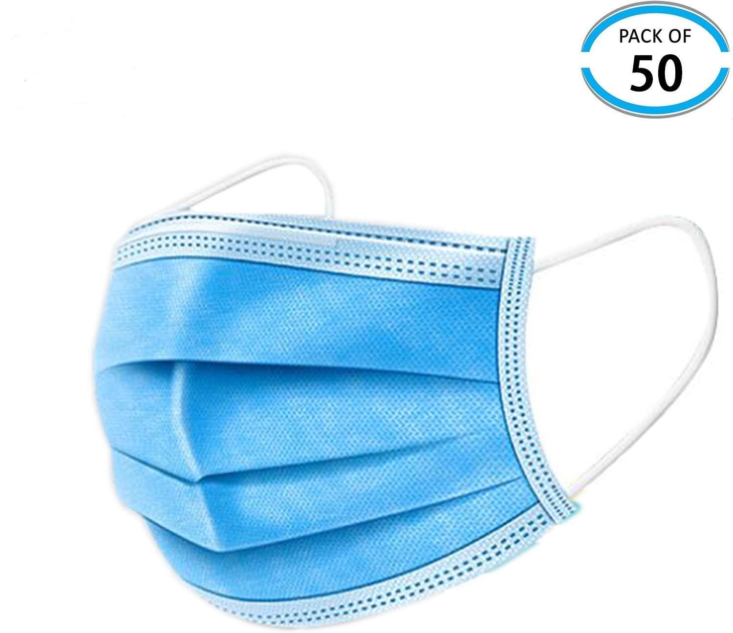 LEMSIR 50 Pcs Disposable Three Layer Breathable with Earloops Comfortable Anti Dust Blue