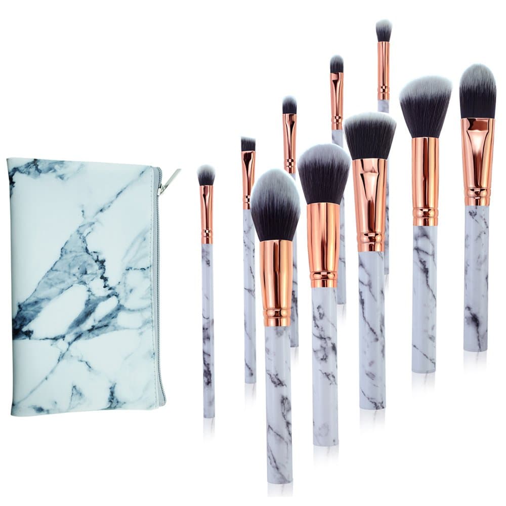 Make Up Brushes Professional 10PCS/Set Marble Pattern Makeup Brushes Set Foundation Blush Powder Eyeshadow Blending Brushes Cosmetic Brush Kit With Pouch (A)