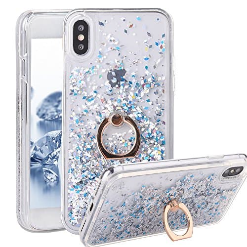 iPhone X Case With Ring Liquid - USAcases Finger Ring Stand Holder Kickstand Moving Quicksand Slim Fit Crystal Clear Floating Luxury Glitter Sparkle Diamond for iPhone X (Diamond White)