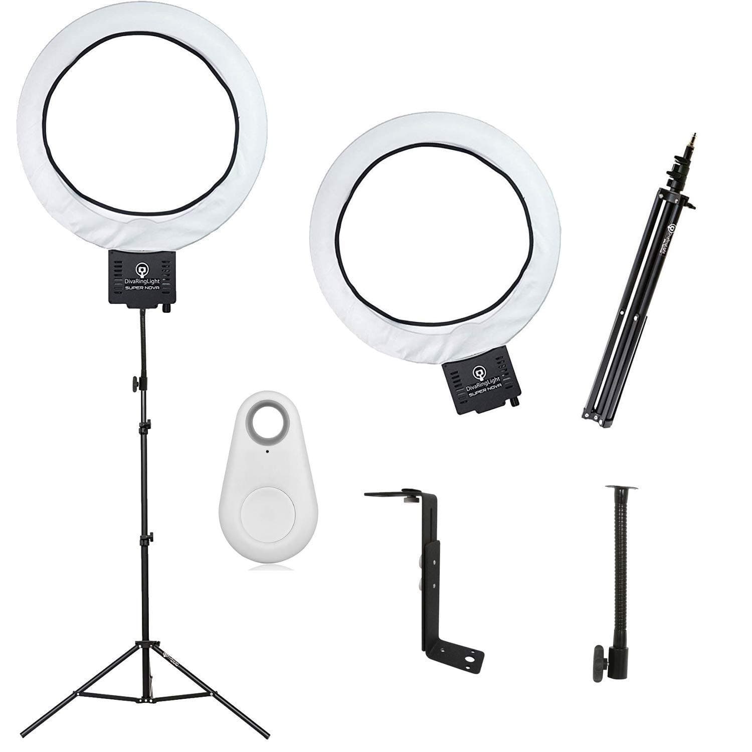 Diva Ring Light Super Nova 18" Dimmable with 6' Stand and Bluetooth Shutter/Clicker for Smartphones and Tablets (White Clicker)