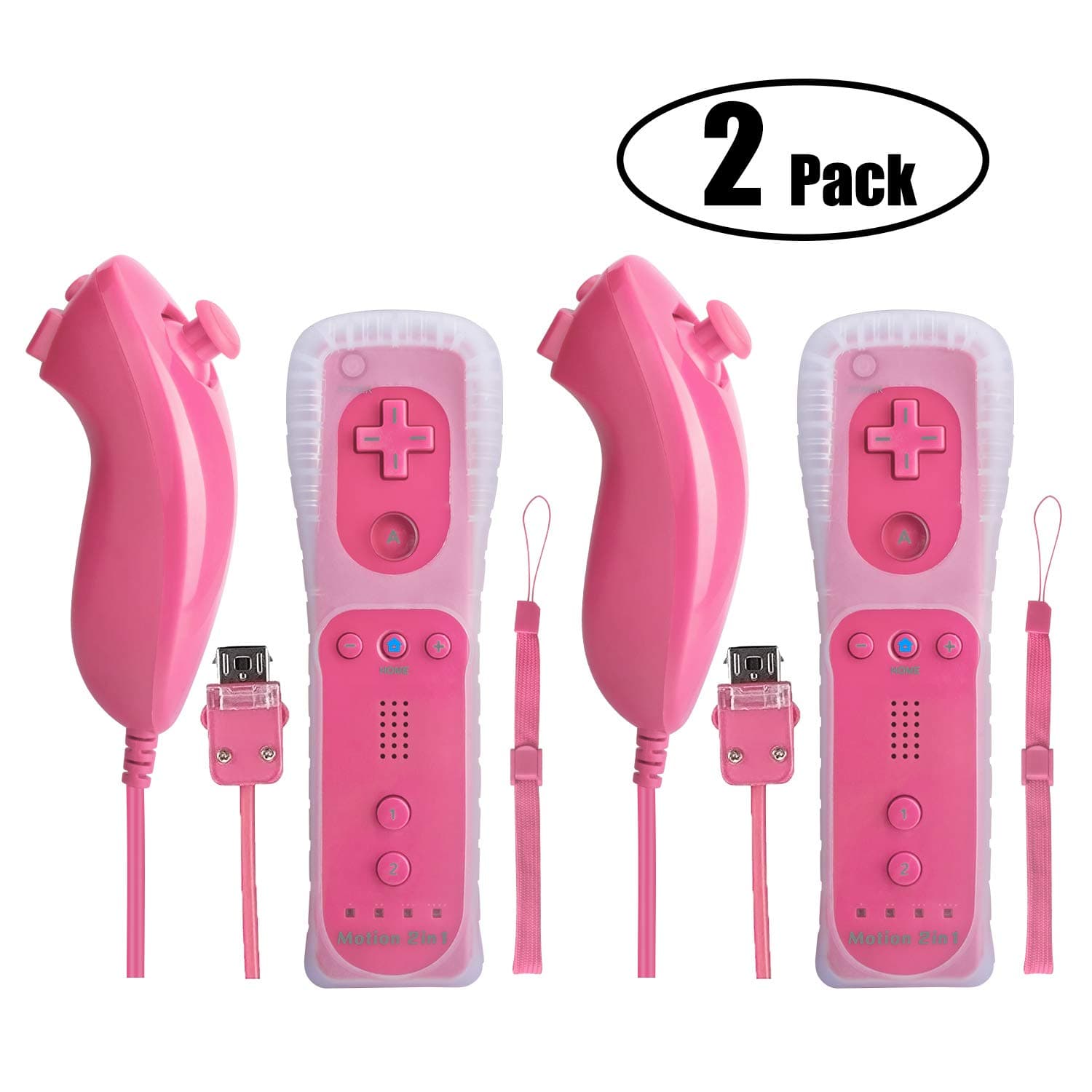 Controller for Wii with Remote Nunchuck Motion Plus 2 Pieces, Beinhome Wii Romote and Nunchuck Motion Built-in 2-in-1 with Silicone Case Compatible with Nintendo Wii and Wii U and PC Pink