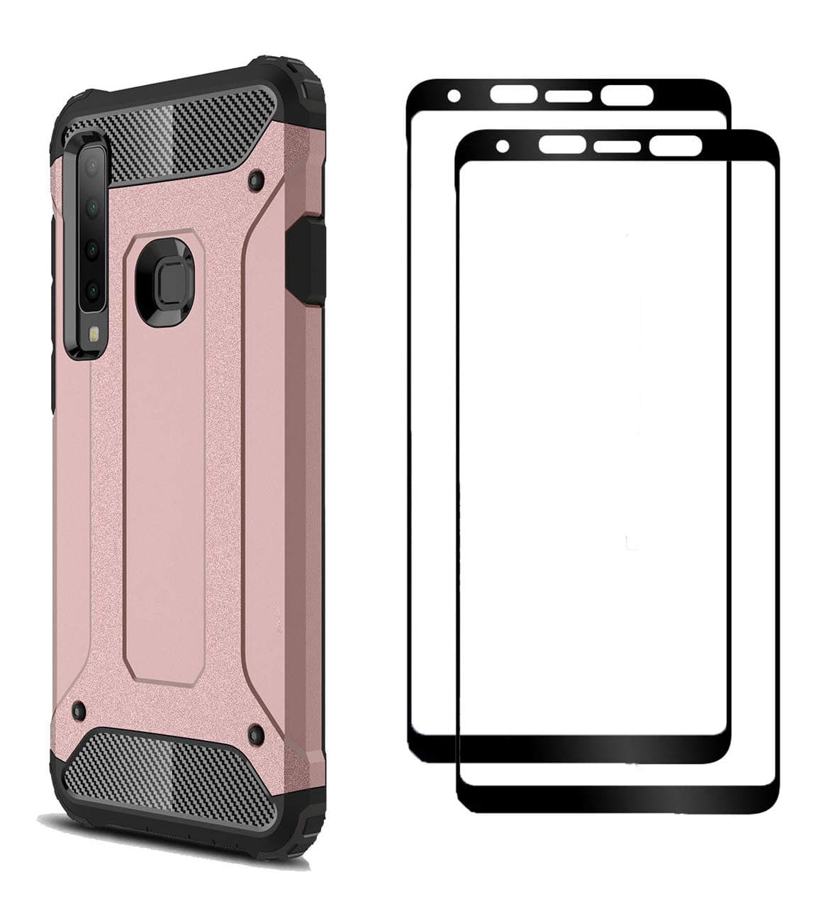 FANFO Case + 2 Pack Screen Protector Compatible with Samsung A9 2018, Detachable 2 in 1 Hybrid Armor Shockproof Tough Rugged Dual-Layer Case + 2 Pack 9H Hardness Tempered Glass Screen, Rose Gold