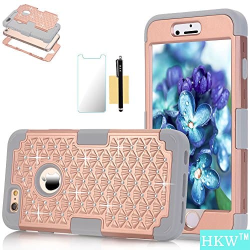 iPhone 6 Plus Case,iPhone 6S Plus Case,HKW (TM) Bling Rhinestone 3 IN 1 Armor Shockproof Case Protective Cover for Apple iPhone 6/6S Plus 5.5 Inch Diamond Case(Rose Gold/Grey) (MA1618)