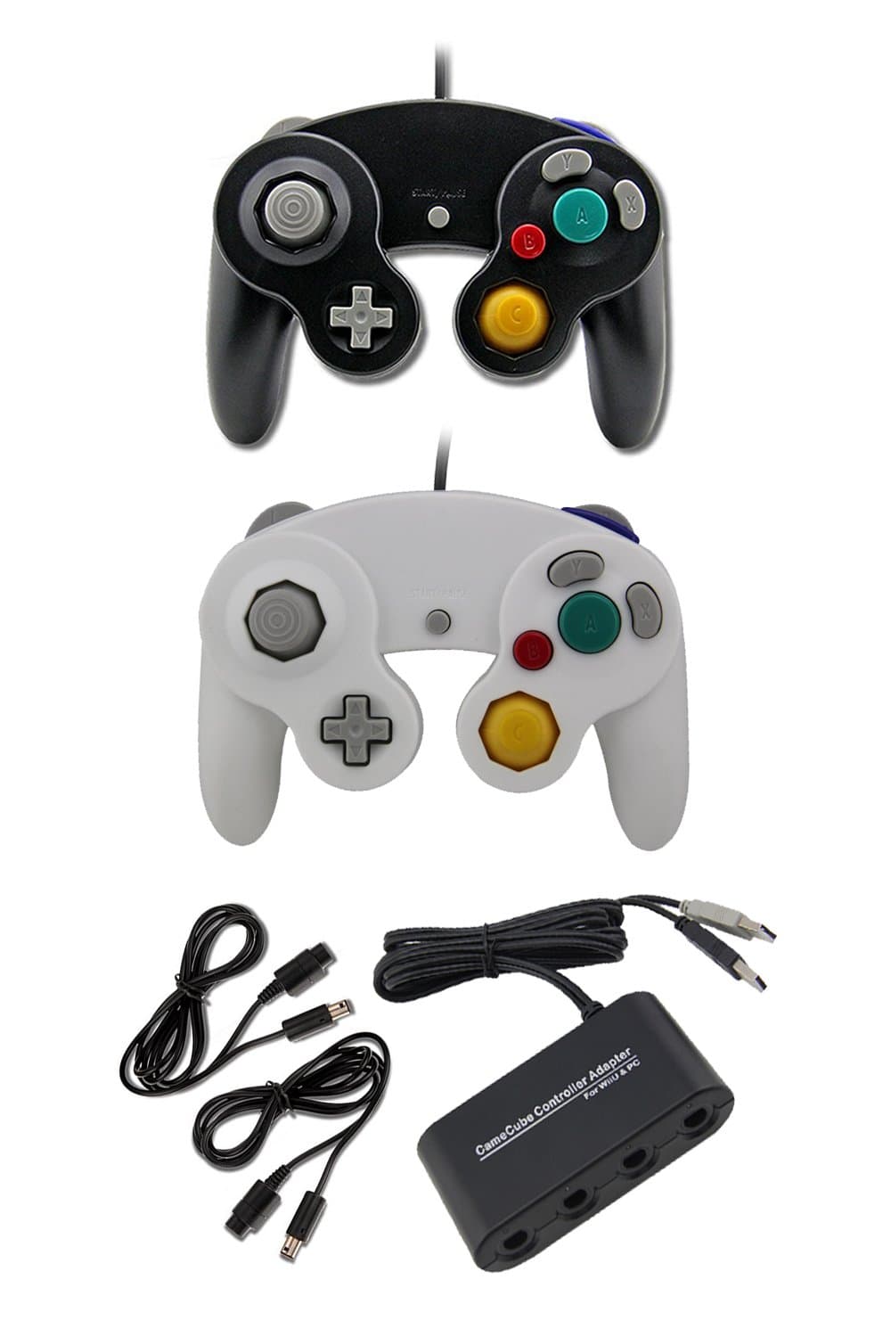 Gamecube Adaptor 2 Controllers 2 Extension Cords Smash Bros Bundle – 2 Wired Gamecube/Compatible for Wii Switch Controller (Black & White) Set by MarioRetro