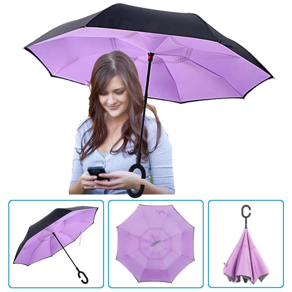 DOLIROX Creative Free Hand Double Layer Reverse Umbrella Windproof and Self Standing Inside Out Umbrella Best for Travelling and Car Use (Black & Purple)