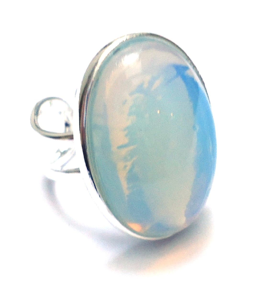 Large Silver Plated Adjustable Ring with Opalite Stone Setting