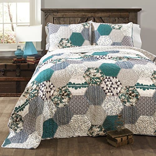 3 Piece Patchwork Geometric Shapes Design Reversible Quilt Set King Size, Printed Diamonds Trellis Stripes Poka Dots Hives Bedding, Bright Exotic Wild Floral Style, Nature Lovers Themed, Grey, Cream