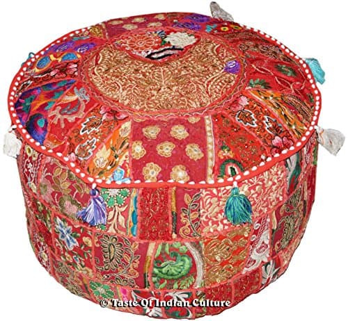 Large 22" Red Patchwork Round Ottoman Pouf Stool Chair Seating Pouffe Indian