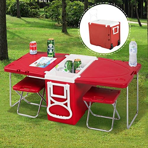New Multi Function Rolling Cooler Picnic Camping Outdoor w/ Table &amp; 2 Chairs Red