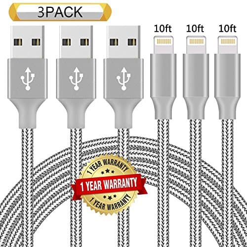 Ulimag Lightning Cable 3Pack 10FT Nylon Braided Certified iPhone Cable USB Cord Charging Charger for iPhone X, 8, 8 Plus, 7, 7 Plus, 6s, 6s Plus, 6, 6 Plus, SE, iPad (Grey)