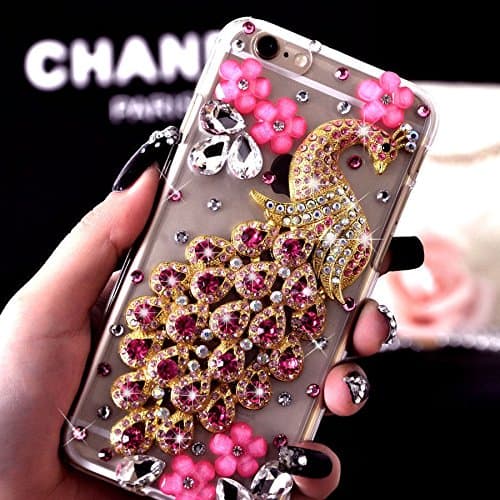 iPhone 7 Plus Case, iPhone 7 Plus Peacock Case, Surpriseyou Handmade Cute Bling Rhinestone Stone Crystal Diamond Peacock Case Cover for iPhone 7 Plus (Pink)