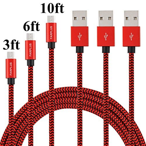 Micro USB Cable Android Charger,Farplus 3Pack 3 6 10 FT Fast Charging Power Cord Extra Long Nylon Braided Charger Cord for Samsung S7/S6,Tablet,HTC,Kindle,Motorola,PS4,MP3 and More(Black/Red)