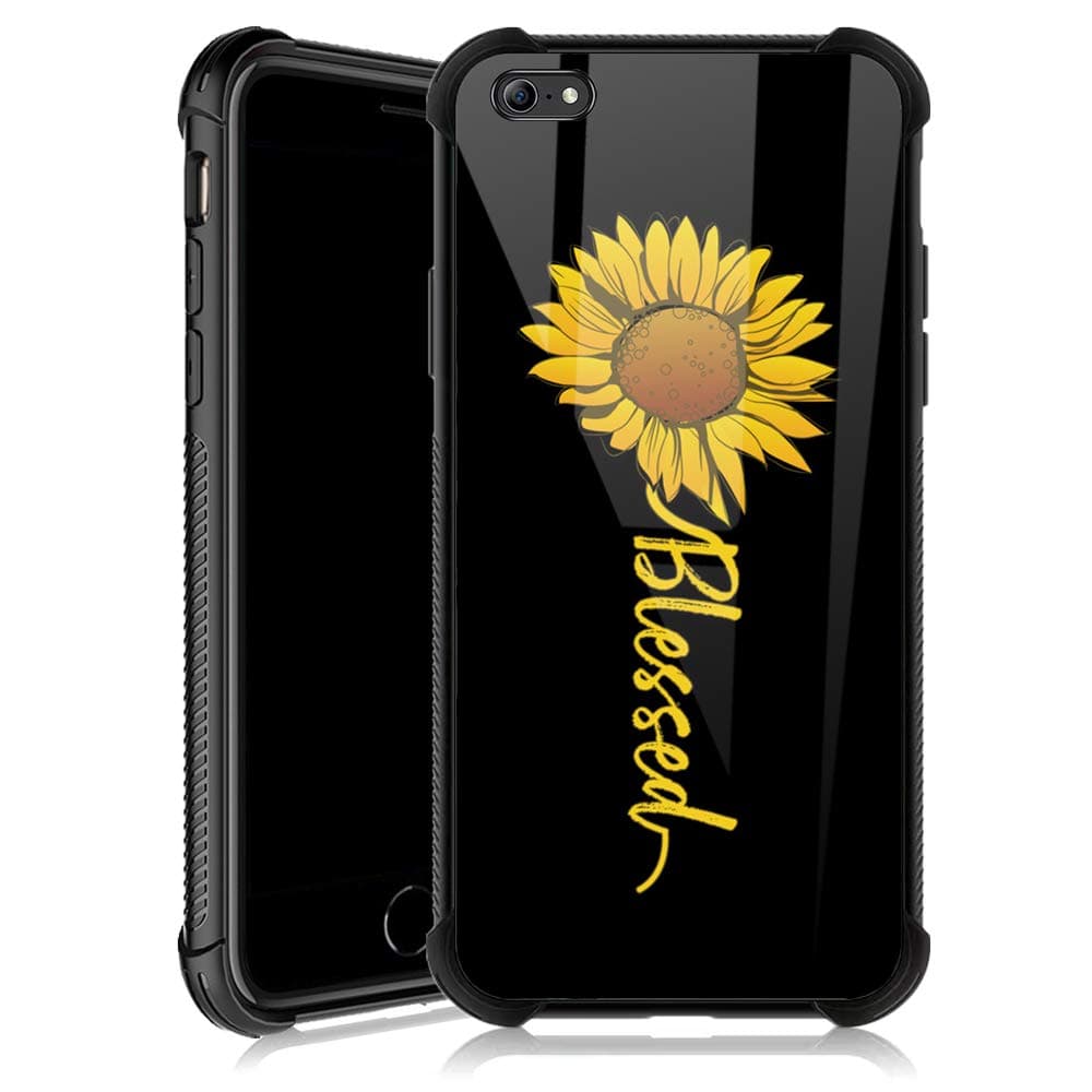 iPhone 6s Plus Case,Cute Sunflower Blessed iPhone 6 Plus Cases for Girls,Tempered Glass Back Cover Anti Scratch Reinforced Corners Soft TPU Bumper Shockproof Case for iPhone 6/6s Plus Yellow Flower