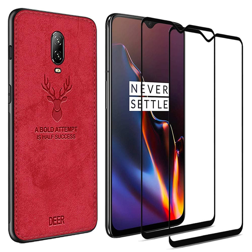 Teeyee Oneplus 6T Case with Screen Protector, Rugged Shockproof Protective Case + [Full Cover][Anti-Scratch] [Anti-Bubble] 9H Tempered Glass Screen Protector(2Pcs) for Oneplus 6T(2018 Release) (Red)