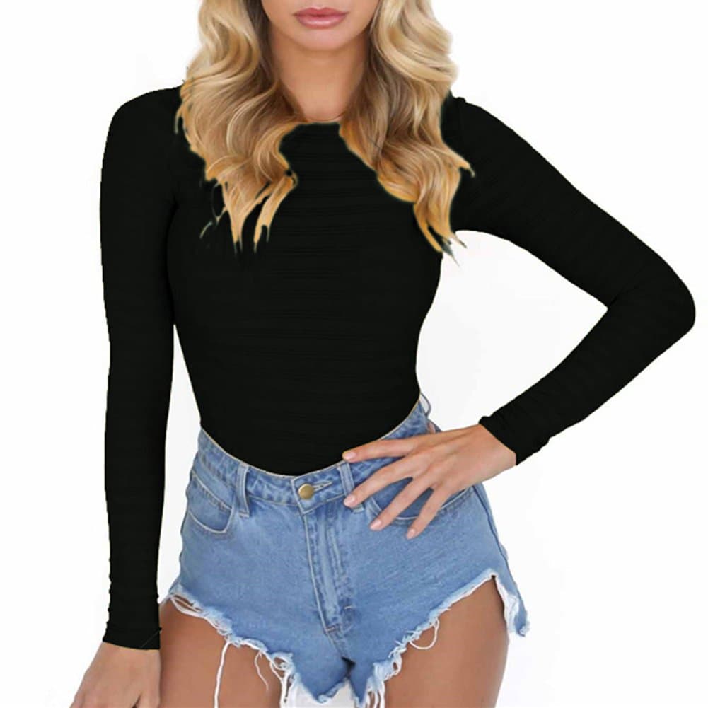 Women's Long Sleeve Striped Basic Solid Round Neck Bodysuit Stretchy Leotards