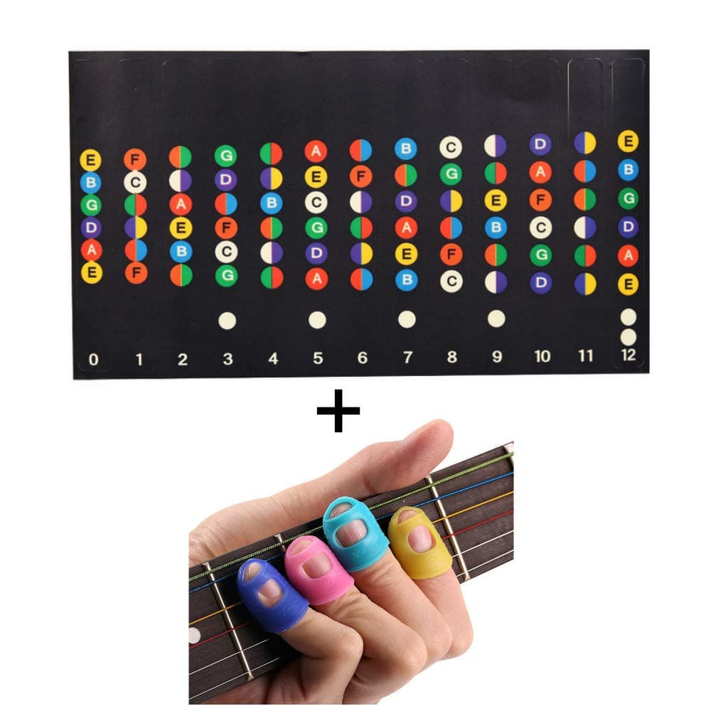 FIVE BEE Guitar Training Set- Includes 2pcs Color Coded Fretboard Fret Map Note Stickers and 12pcs Guitar Finger Protectors for Beginner/Learning Guitar | Standard Edition