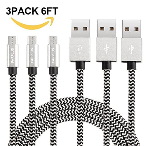 Farplus Micro USB Cable,3Pack 6FT Extra Long Nylon Braided High Speed Data Charging Cable Android Charger Cord for Samsung Galaxy S7 Edge S6 S5 S4,Note,LG,Nexus,HTC,MP3(Black/Silver)