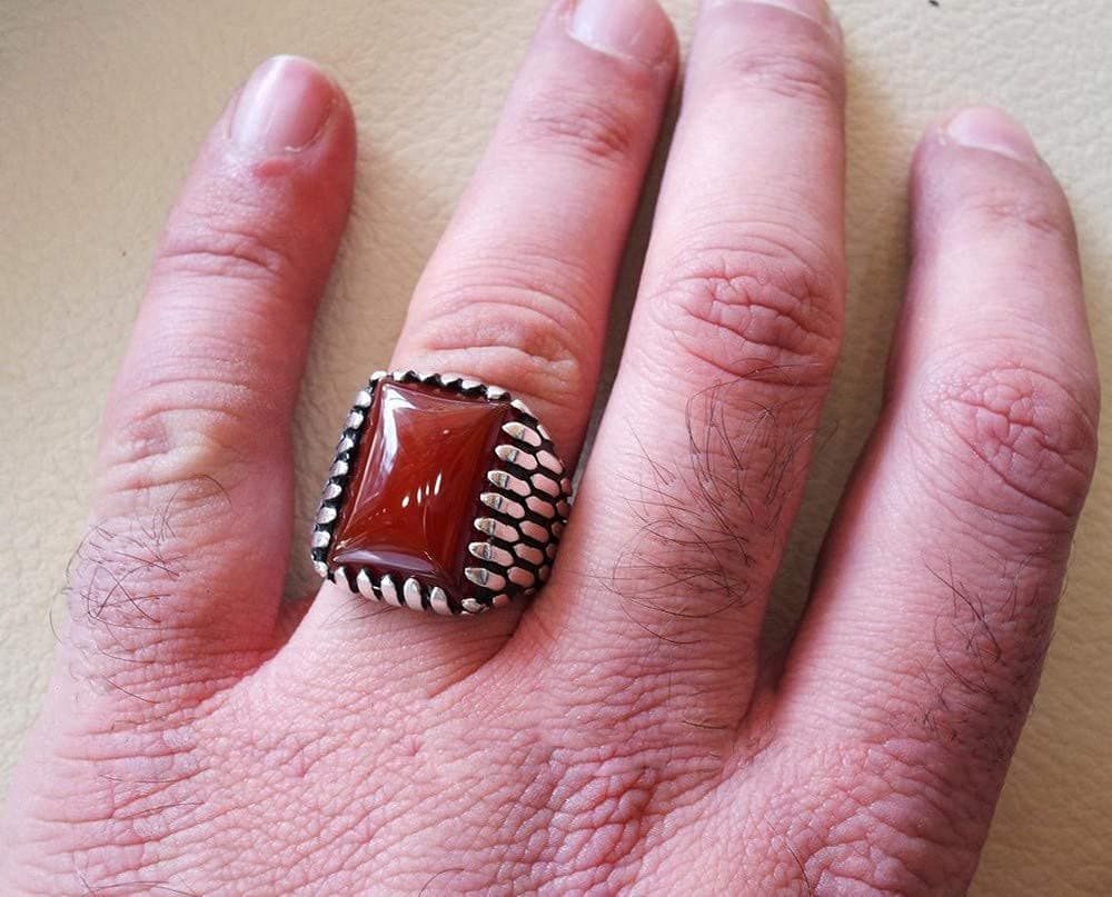 RECTANGULAR SILVER AQEEQ MEN RING RED ONYX NATURAL SEMI PRECIOUS GEMSTONE 925 STERLING SILVER JEWELRY ALL SIZES FAST SHIPPING