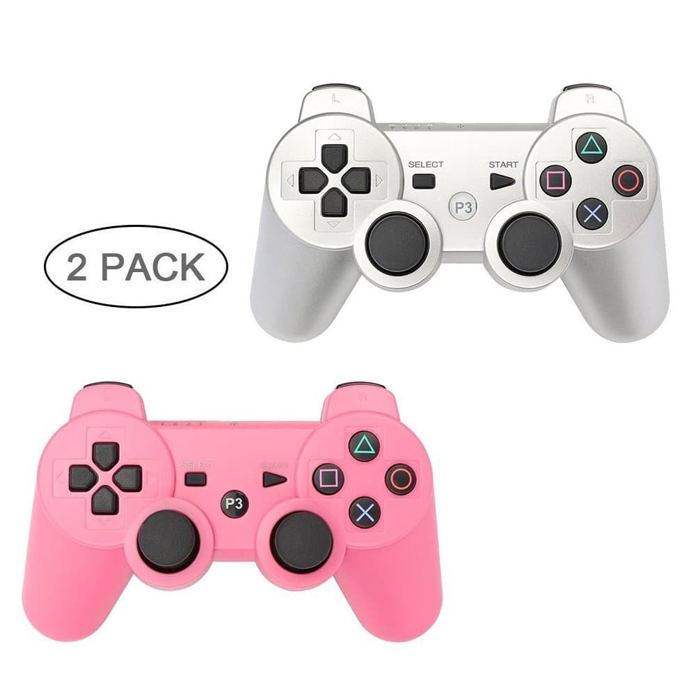 PS3 Controller 2 Pack Wireless Bluetooth 6-Axis Gamepad Controllers for PlayStation 3 Dualshock 3 (Silver+Pink)
