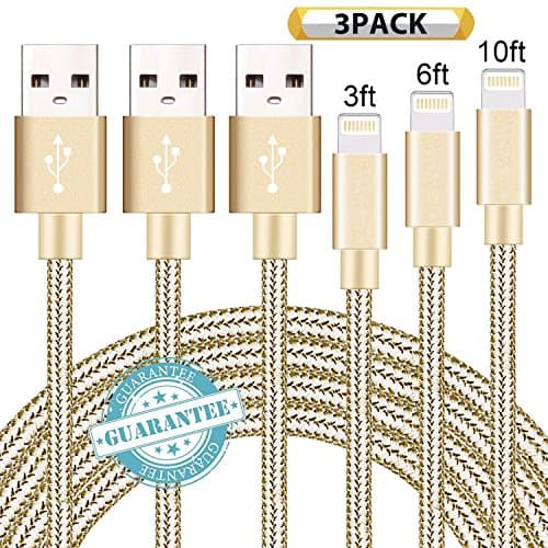 DANTENG Lightning Cable 3Pack 3FT 6FT 10FT Nylon Braided Certified iPhone Cable USB Cord Charging Charger for Apple iPhone X, 8, 7, 7 Plus, 6, 6s, 6+, 5, 5c, 5s, SE, iPad, iPod Nano, iPod Touch (Gold)