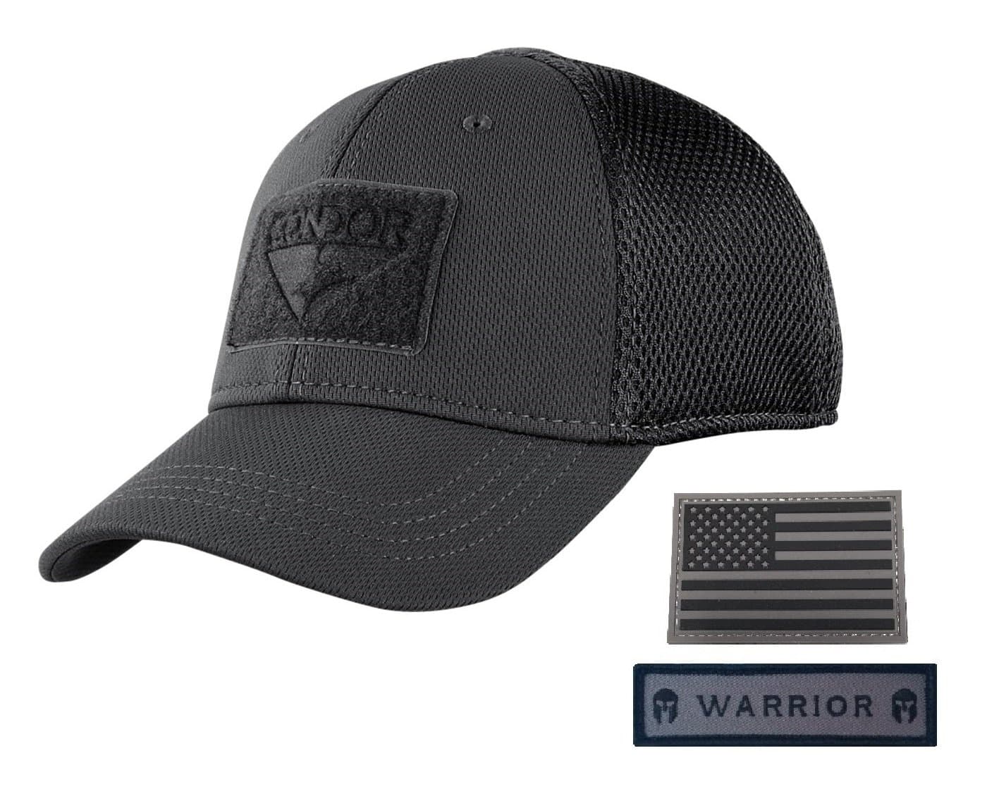 Condor Flex Mesh Cap, Black + Flag & Warrior Patch, Fitted Tactical Operator Hat