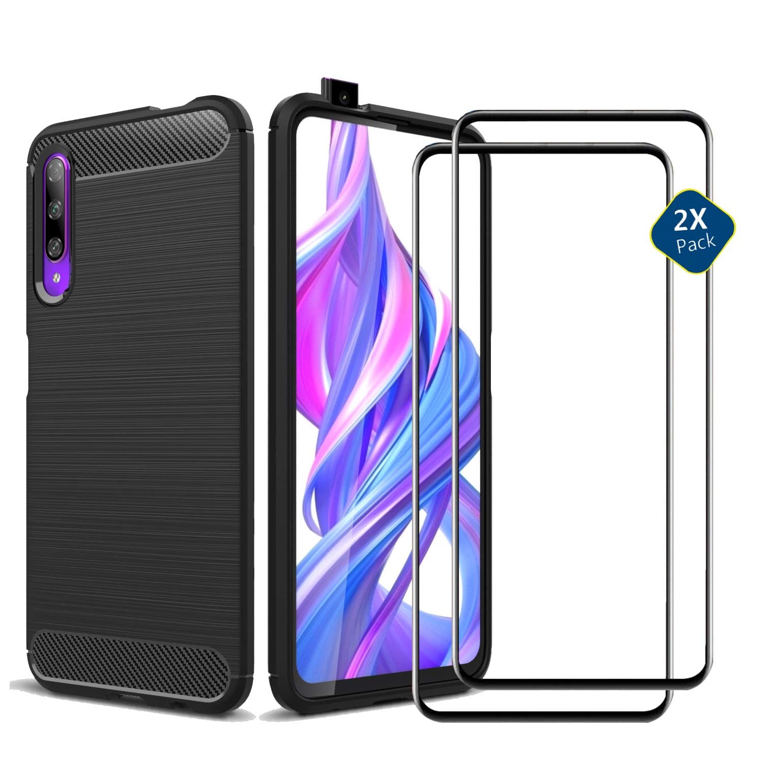 DYIGO Case + 2 Pack Screen Protector Compatible with Huawei Honor 9X Pro/Huawei Y9S/Honor 9X,Brushed texture is easy to grip, anti-fall mobile phone case, ultra-light protective cover(black)