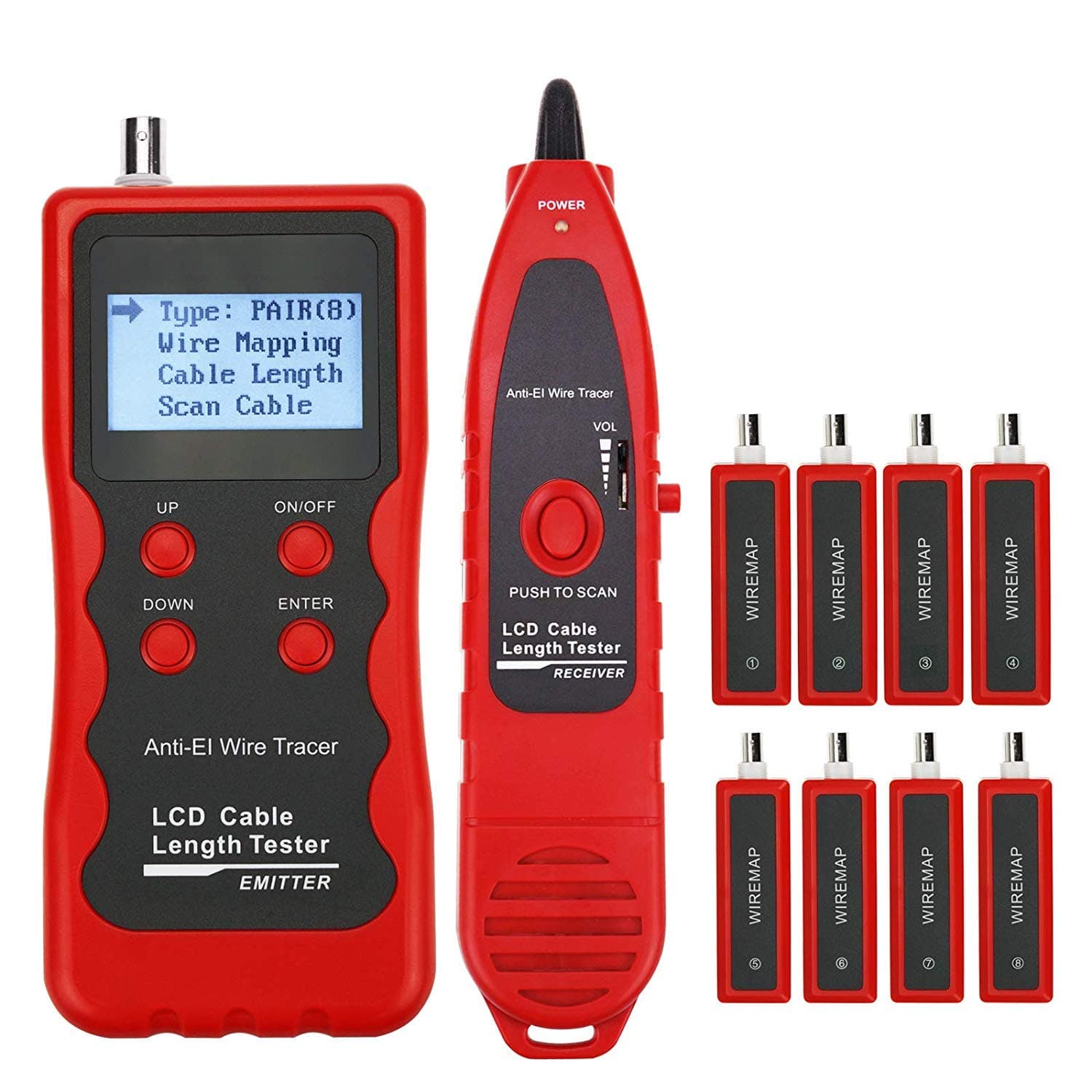 Kibeland Handhled Multi Function Cable Tester with 8 Remote Adaptor RJ45 RJ11 BNC USB Network Telephone Wire Tracker Cable Length Tester