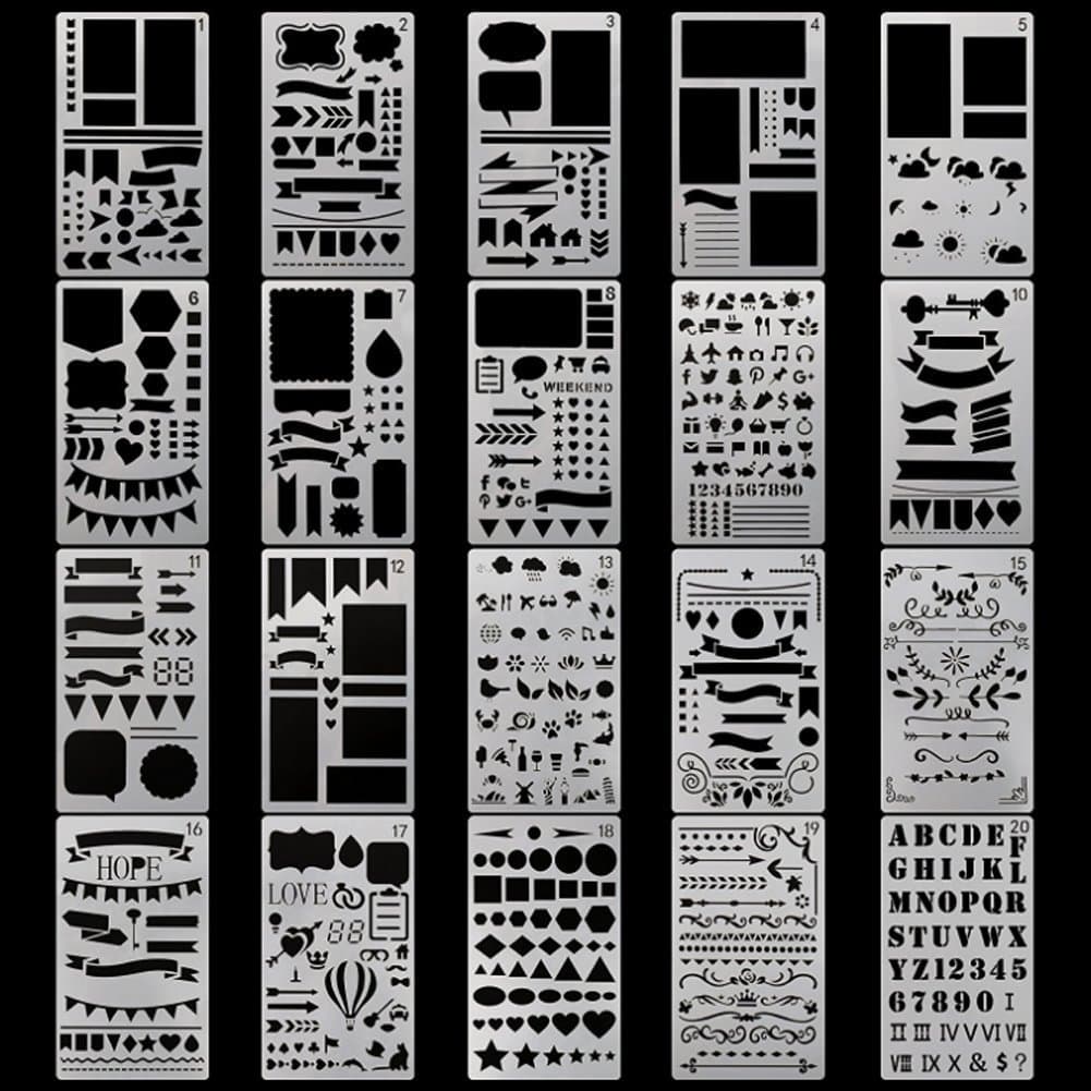 Plastic Planner Stencils Qutaway Stencil Set 1200 New Different Pattern Shape Plastic Planner Drawing Template Apply to Diary Scrapbook and DIY Drawing (24 Pcs, 4 x 7 Inch)