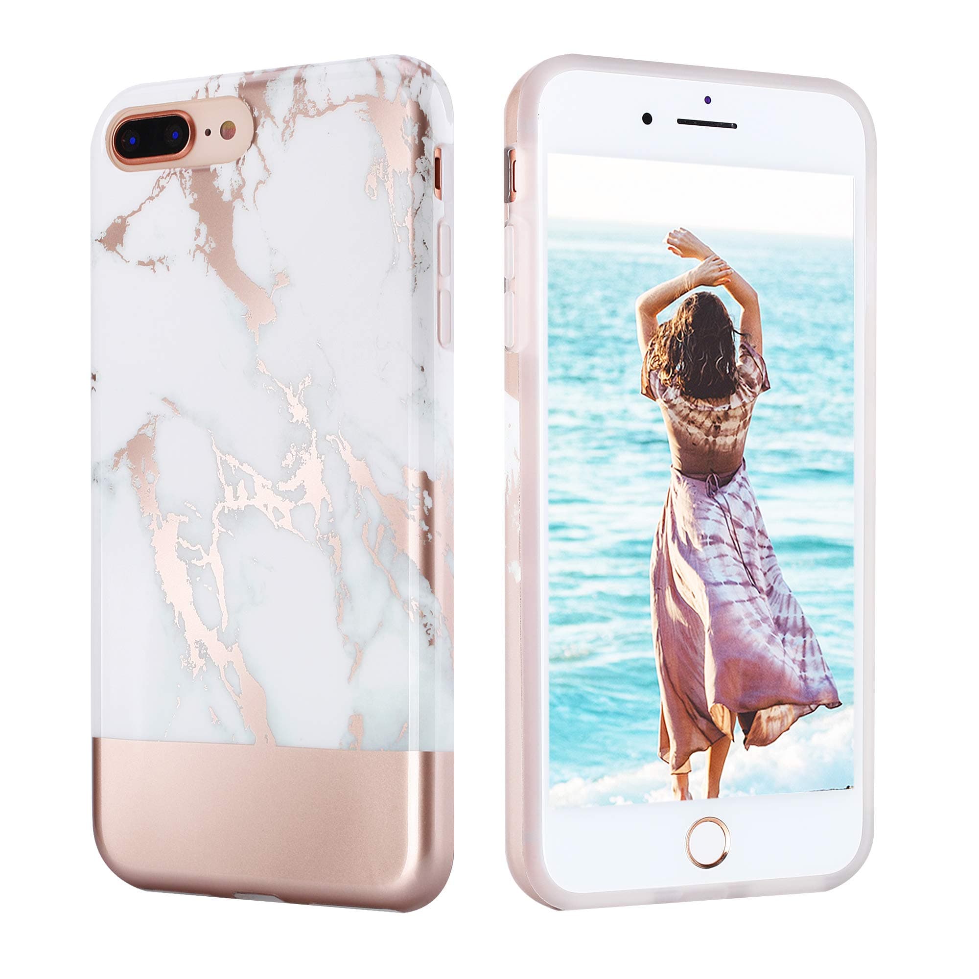 AQT Compatible with iPhone 7 Plus and iPhone 8 Plus Case - Marble Design Shiny Rose Gold Marble and Bottom Rose Gold Protective Shockproof Phone Case TPU Soft Rubber Silicone Cover - 5.5 inch Screen