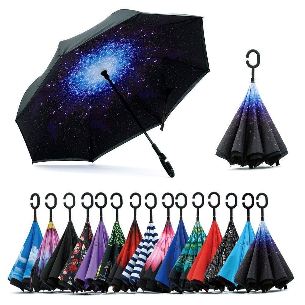 Inverted Umbrella Double Layer C Shape Handle Reverse Folding Umbrella Anti-UV Windproof Travel Umbrella with Carrying Bag (Starry Sky)
