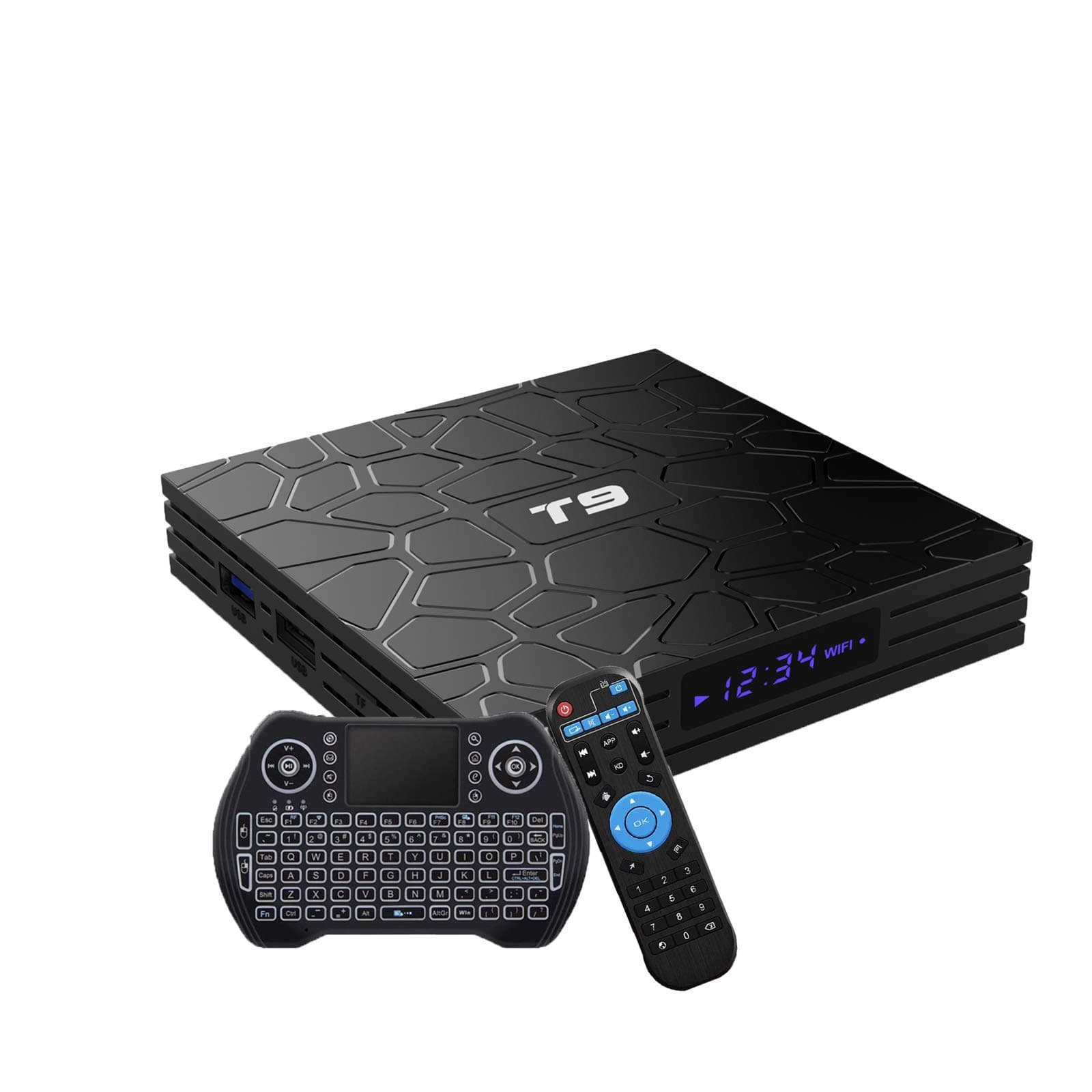 Android TV Box , Android 9.0 Smart TV Box 4GB Ram 32GB Rom Quad-Core 64 Bits Support Bluetooth 4.0/ 2.4G+5G WiFi/ USB 3.0/4K /H.265 /3D T9 Internet Set Top Boxes with Mini Wireless Backlit Keyboard