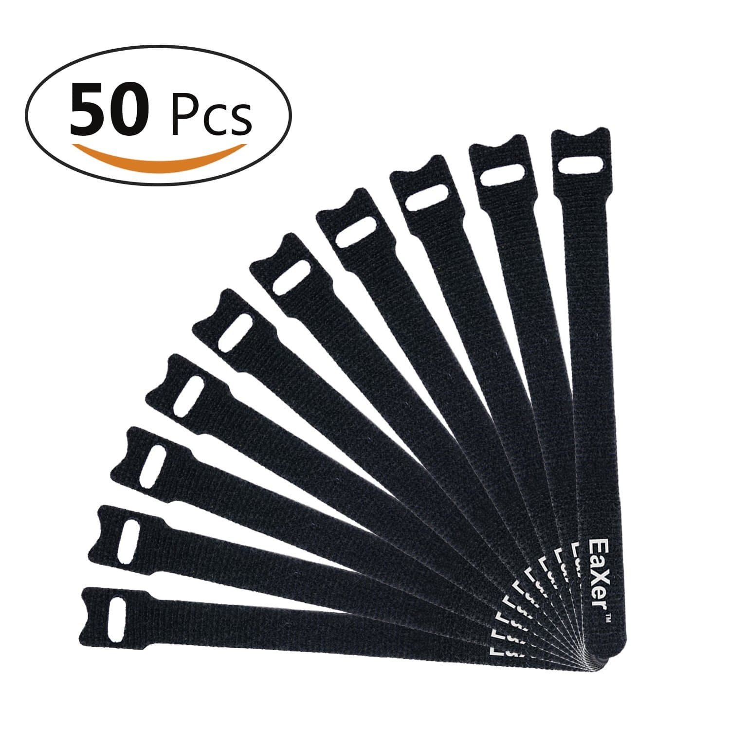 Reusable Cable Ties by EAXER, Hook and Loop Self-attaching Fastening Tape, 10 x 180mm Tie Wraps, Black, 50 Pcs