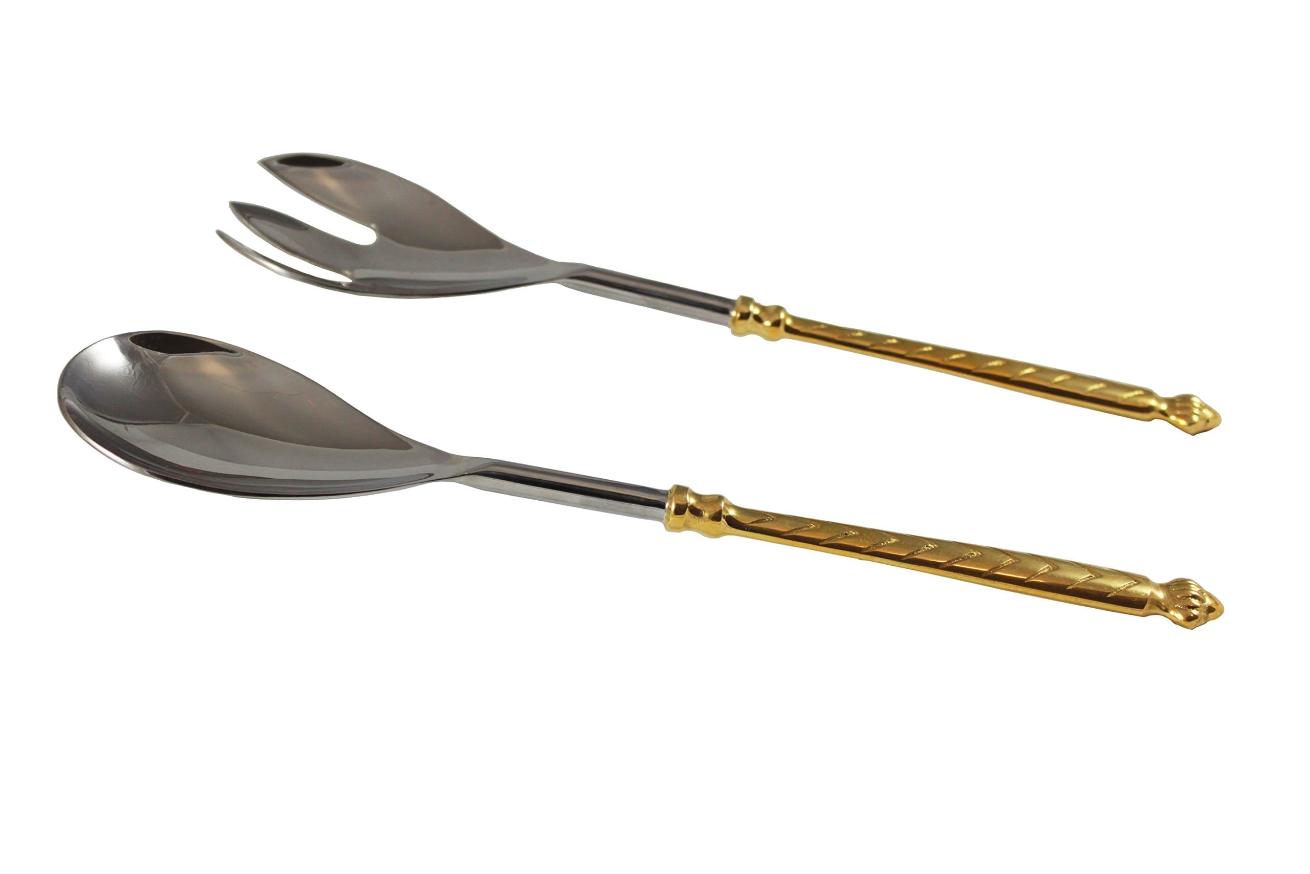 Server Set, Flatware, Serving Spoon and Fork, Carved, 2-piece 18/10 Stainless steel with brass handles (gold finish)