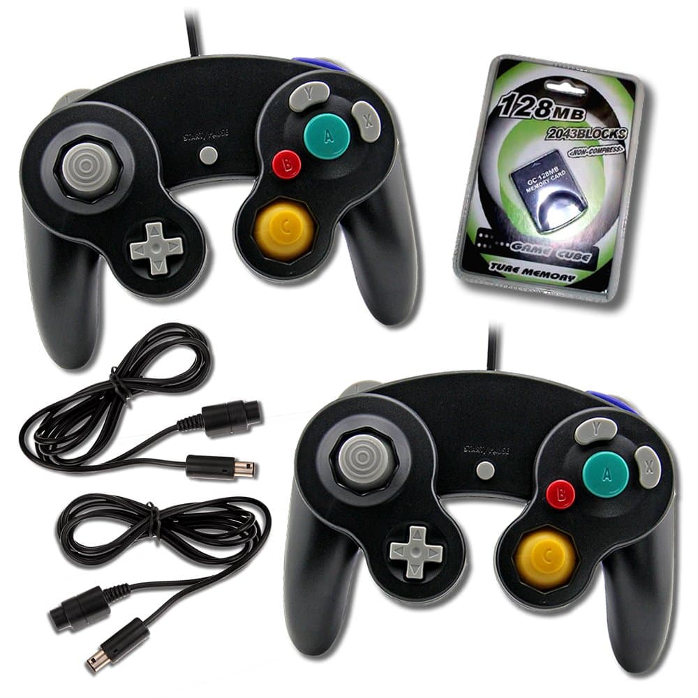 Gamecube Controller (2 Pack) Bundle with 2 Wired Controllers, Extension Cords and 128MB Memory Card - Nintendo Gamecube Controller Official Bundle Pack by EVORETRO