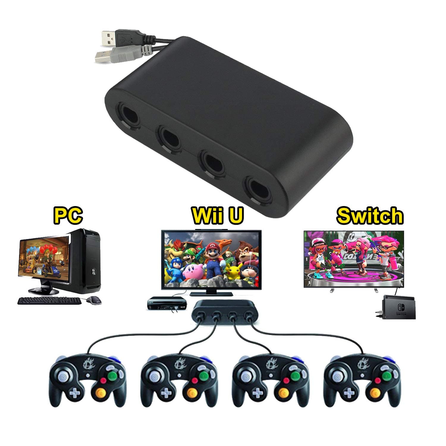 Wii U Gamecube Console Adapter, Sidith Gamecube NGC Console Adapter for Wii U,Nintendo Swith and PC USB(Easy to Plug and No Driver Need, 4 Port Black Gamecube Adapter)-Updated Version