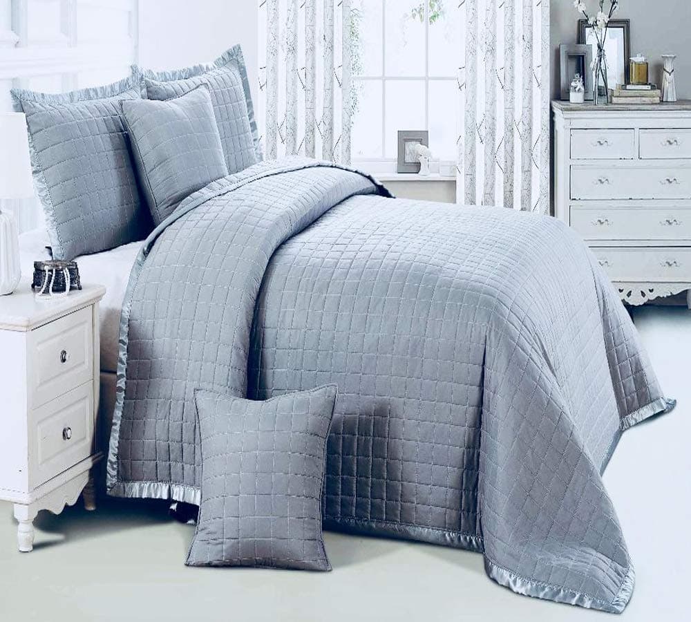 Osca Silver Bedspread Comforter 2 Pieces Border Quilted Bed Throw (Osca Silver, Single)