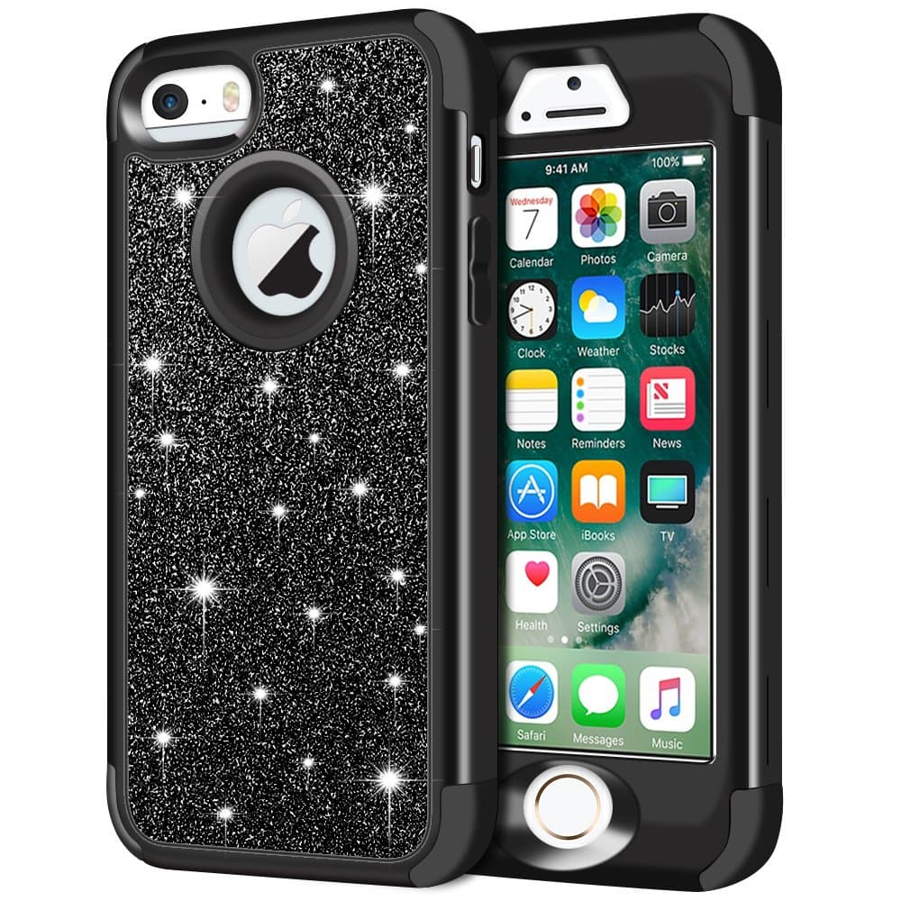 iPhone SE Case, iPhone 5S Case, iPhone 5 Case, Anuck 3 in 1 Hybrid Shockproof Protective Case for Girls Cute Bling Sparkly Glitter Heavy Duty Armor Defender Cover for Apple iPhone 5/5S/SE - Black