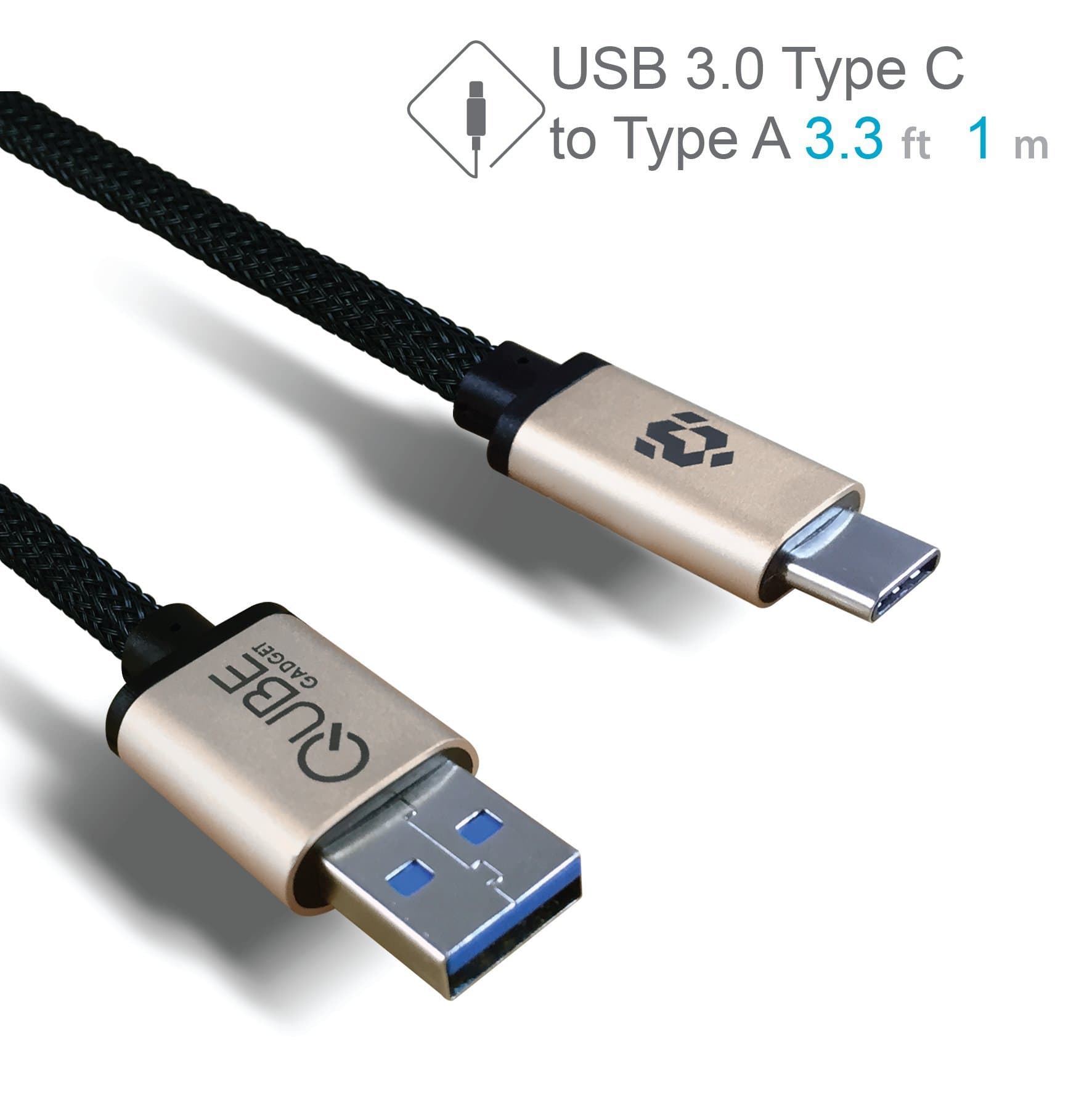 USB Type C to USB Type A 3.0 Cable by Qube Gadget- in aluminum casing & fiber-braided - 3.3FT/1M (Gold)